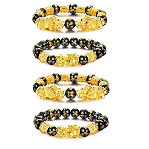 YADOCA 4 Piezas Feng Shui Golden Pi Xiu Lucky Wealthy Amuleto Pulsera Negro Natural Obsidiana Wealth Pulsera Elástico Ajustable Bead Dragon Juego de Pulsera Cover