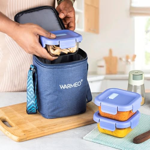 Image of WARMEO BOROFRESH 3 pc Square Borosilicate Glass Container (325 ml Each) | Leakproof, Microwave & Dishwasher Safe Lunch Box with Bag for Office, College & School