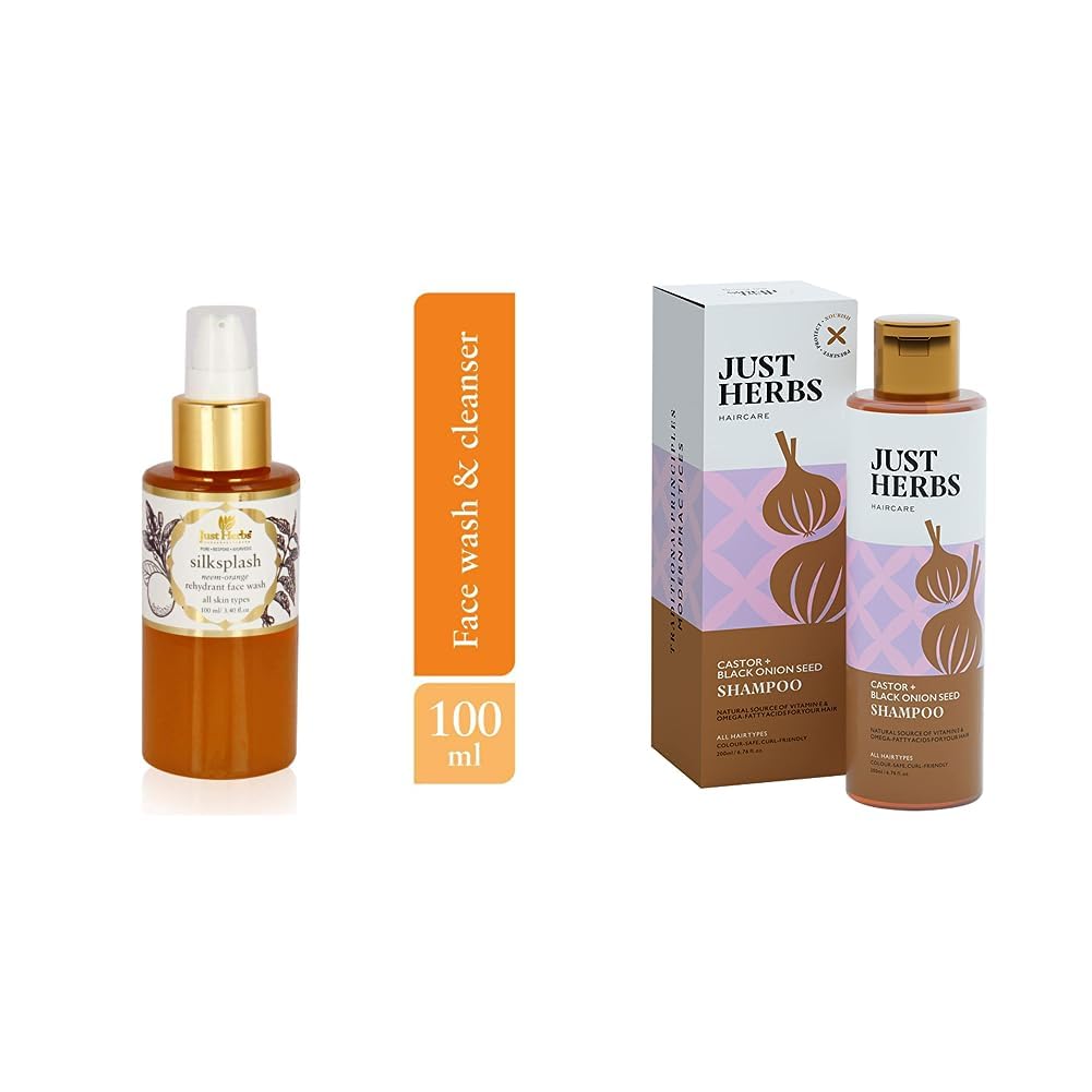 Just Herbs Silk Splash Neem-Orange Rehydrant Ayurvedic Face Wash, 100ml & Just Herbs Castor and Black Onion Seed Sulfate Free Shampoo Reduce Hairfall- 200ml Combo