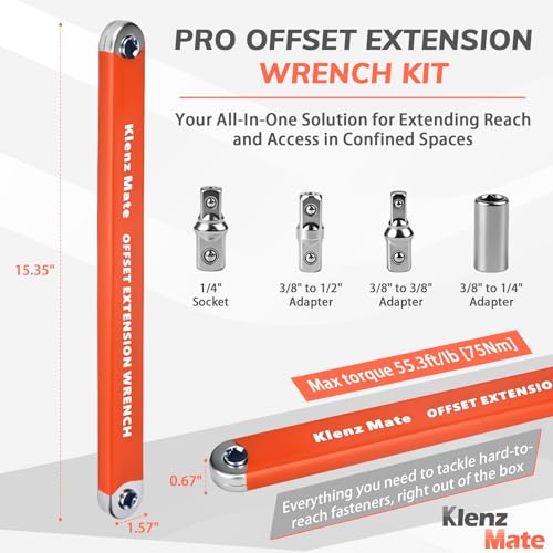 Image of Offset Extension Wrench with 1 /4 inch, 3 /8 inch, 1 /2 inch Drive Adapters & 1 /4 inch Socket | Low Profile Tool for Tight Spaces, Use with Ratchet & Socket, 0 Swing Arc Extension Tool for Tight Spaces & Auto Repair