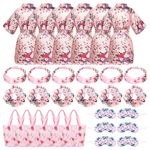 Consejos para Comprar Batas y kimonos para Niña - los más vendidos. 50 Bata de satén para fiesta de spa, bata sedosa hasta la rodilla, kimono para dormir con patrón de flores con banda para el cabello vendada, diadema, bolsas de regalo, suministros...