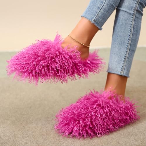 Image of Unisex Fuzzy Faux Fur Slippers, Women's Fluffy Long Hair Sheep Faux Fur Slip on Slides, Girls Luxury Big Fluffy Outdoor Flat Slippers, Long Curly Hair Non-Slip Warm Home Slide Shoes