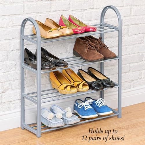 Image of Premium 4-Tier Metal Shoe Rack Organizer | Elegant Space-Saving Shoe Stand for Home & Entryway | Heavy-Duty Steel | Stores 8-12 Pairs (Grey, 4)
