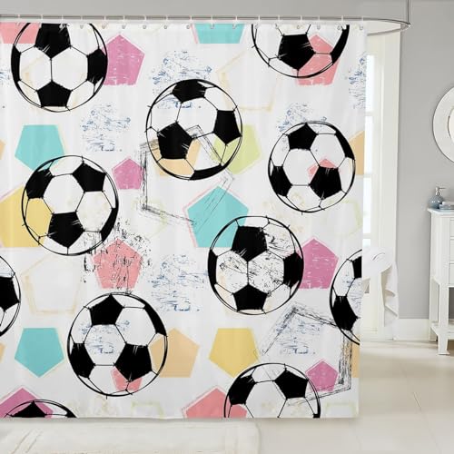 Image of Feelyou Kids Football Waterproof Shower Curtain for Girls Boys Teens - Sports Theme Soccer Ball Bathroom Decor with Hooks - Colorful Geometrics Grunge Design Bath Curtain 72x84 Inch