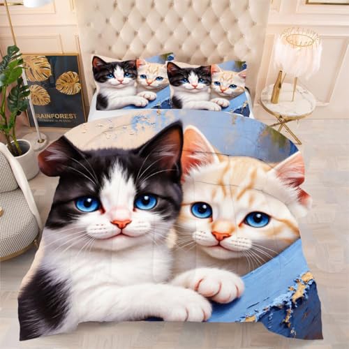 ZZXHG Edredón Matrimonio Estampado 3D | Dos Gatos, Nórdico Reversible de 4 Estaciones, Lavable, Incluye 2 Fundas de Almohada 50x75 cm, para Cama de 105 cm