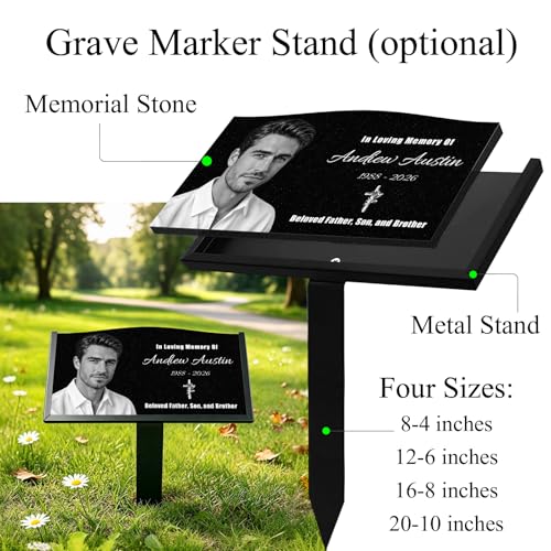 Image of Personalized Granite Memorial Stone, Custom‑Engraved Grave Marker w / Photo