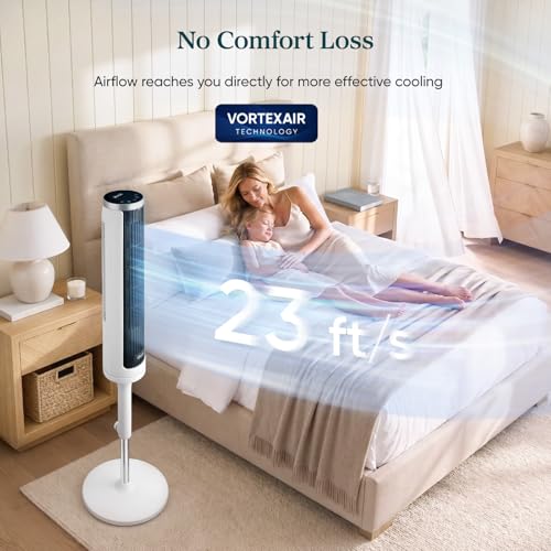 Image of LEVOIT Tower Fan for Bedroom, Standing Fan with 36 inch-47 inch Adjustable Height, 90 Oscillating Room Fan, 28dB Quiet for Sleep, 23 ft /s Velocity, 5 Speeds 4 Modes, 12H Timer, Remoter, for Home, White