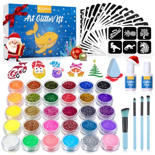Set Tatuaggi Glitter, Bledras 30 Colori Tatuaggi per Ragazzi Kit, 147 Stencil, 2 Colla, 4 Pennelli, Kit Tatuaggi Flash per Ragazzi, Ragazze e Adulti, Carnevale Festival, Feste, Regali per Natale
