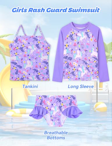 Image of Girls Rash Guard Swimsuit 3 Pieces Long Sleeve UPF50+ Quick Dry Bathing Suit for Toddler 3-12Y