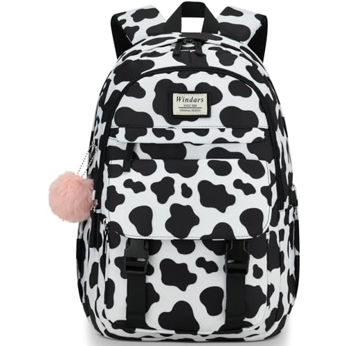 Image of WINDARS School Backpack for Teen Girls, Cute College Backpacks for Women Students Aesthetic Bookbag Large 15.6 Inch Laptop Bag Middle School Travel Back Pack (Cow Print Black)
