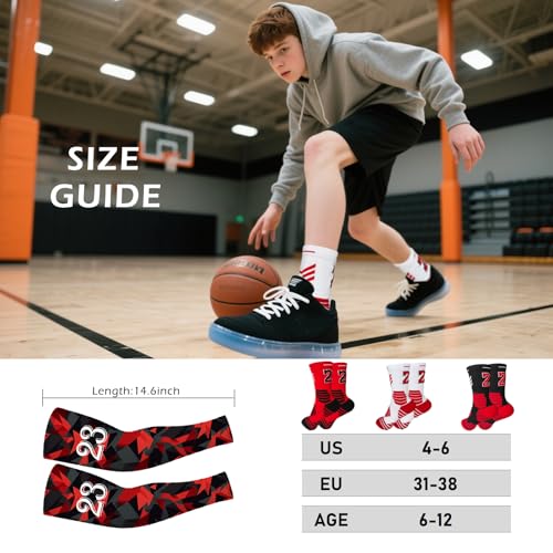 Youth Boys Basketball Crew Socks with Arm Sleeves, Lucky Number Thickened Sports Socks for Kids Team Uniform Gifts2