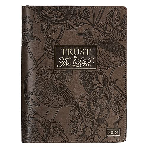 Christian Art Gifts 2024 18 Month Women's Large Vegan Leather Personal Planner Organizer w/Zipper Closure: Trust in the Lord Bible Verse for Daily, Weekly, Monthly Planning, Agenda, Work, Brown Floral image 2