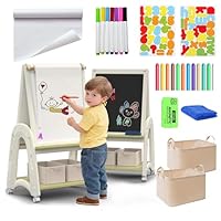 hoopyosms 3-in-1 Adjustable Kids Art Easel with Paper Roll, Double-Sided Whiteboard & Chalkboard, Includes Drawing Accessories, Ideal for Creative Play, Green