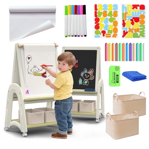 Lavagna per Bambini 3 in 1 Cavalletto in Legno Pittura in Regolabile Altezza, Lavagna Doppia Faccia, Lavagnas Multiattività con Rotolo di Carta, Numeri e Altri Accessori, Giocattolo Educativo 3+ Anni
