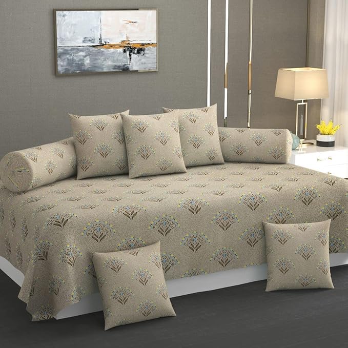 Image of COVE & HUES Cotton Diwan Set Covers |8 Pieces Diwan Cover Set|300 TC Fabric| Pure Cotton Printed Deewan Set (1 Single Bedsheet, 2 Bolster Covers, 5 Cushion Covers)|Green Paisley|KC 15