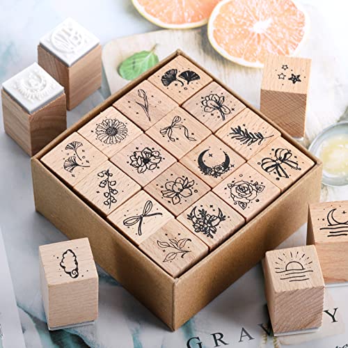 Hacaroa 32 Pieces Wooden Rubber Stamp Set, Moon Star Botanical Decorative Wood Stamps For Journal, Diary, Scrapbook, Planner, Letter, Diy Craft, Card Making #TOP5