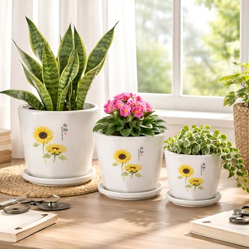 Image of Xtore Charming Sunflower Ceramic Planter Set with Drain Tray | Elegant Indoor & Outdoor Flower Pots for Living Room, Balcony, Office Desk & Garden Decor (Set of 3, White&Yellow) (Planter only)