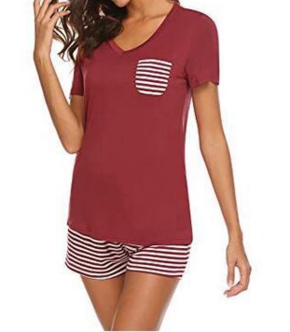 Donna Pigiama Estivo Due Pezzi,Pigiama A Maniche Corte da Donna con Scollo A V A Righe Rosse Set da 2 Pezzi Pigiama da Donna Morbido E Confortevole Loungewear Regalo per La Festa della Mamma per Mog