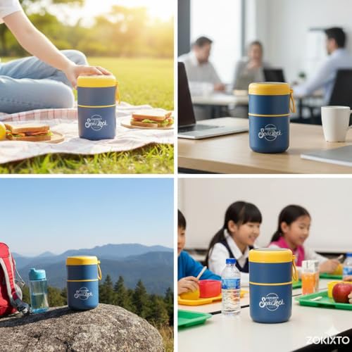 Image of 780ml Stainless Steel Lunch Box with Spoon, Handle, Leak Proof Small Container for Snack, Diet & Prep Food, Stackable Stainless Steel 2 Tier Men's Lunchbox for Work (Blue)