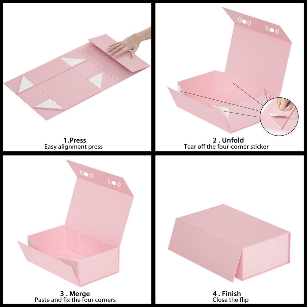 Confezione da 8 Scatole Regalo Rosa, Scatole Regalo 26X19x8 Cm con Coperchio E Chiusura Magnetica Scatole Rettangolari Pieghevoli per Matrimoni, Natale, Halloween, Regali di Compleanno