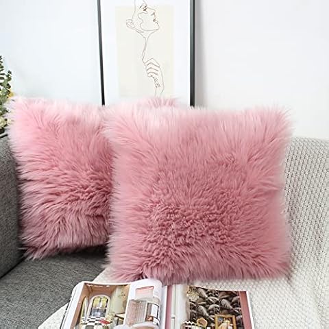 OYIMUA Blush Pink 16 x 16 Cushion Covers Pack of 2 Fluffy Soft Faux Fur Square Pillowcases, Luxury Home Decorative Fuzzy Pillow Covers Case 40cm x 40cm for Sofa Bed Living Room Cover