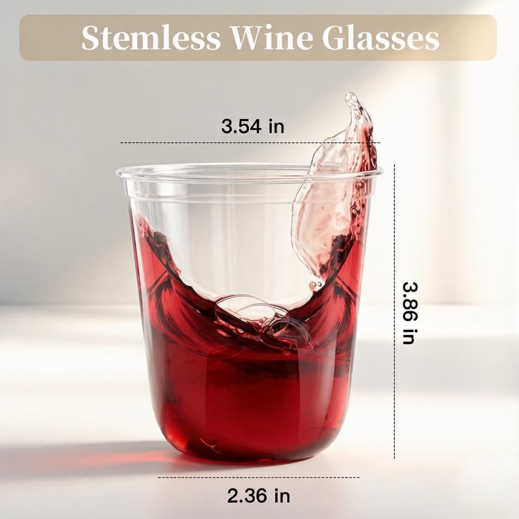WELLIFE Przezroczyste plastikowe kubki, 350 ml, 100 szt. jednorazowych kieliszków do wina bez nóżek, kubki na przyjęcia koktajlowe, kubki na zimne napoje na artykuły imprezowe, Halloween, Święto