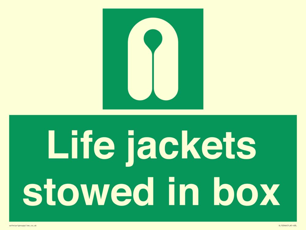 Life jackets stowed in box Sign - 400x300mm - A3L, Green/White