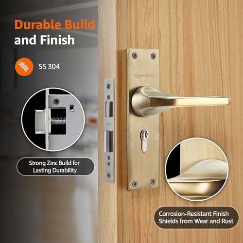 Image of Amazon Basics Heavy-Duty Door Lock Set | Mortise Door Lock Handlesets with 3 Brass Key for Home,Office,Hotel | Brass Lock Body & Cylinder | Golden