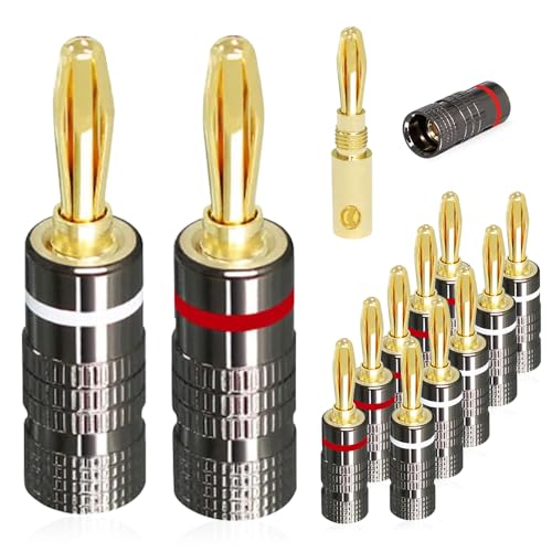 mizikuu 12 St&uuml;ck Bananenstecker, 24k Vergoldet Banana Steckverbinder Schraubbar f&uuml;r Lautsprecherkabel Audio Lautsprecher Terminal l&ouml;t HiFi Receiver Verst&auml;rker, 6 Rot Und 6 Wei&szlig;