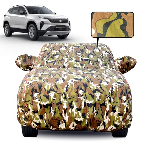 Image of Waterproof Car Body Cover for Tata Harrier with Mirror Pocket, Soft Cotton Lining, Triple Stitched, Full Bottom Elastic (Heat Resistant Jungle Print with Red Piping)