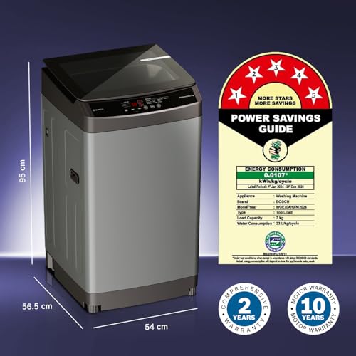 Image of Bosch 7 kg 5 Star Fully Automatic Top Loading Washing Machine (WOE70AH0IN, PowerWave Wash & in-built Dual Lint Filter, Stainless Steel VarioDrum with 5 fin Pulsator, Water Save, Eco Wash, Med Grey)