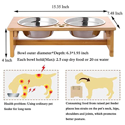 FOREYY Raised Pet Bowls for Cats and Small Dogs, Bamboo Elevated Dog Cat Food and Water Bowls Stand Feeder with 2 Stainless Steel Bowls and Anti Slip Feet (4'' Tall-20 oz Bowl)