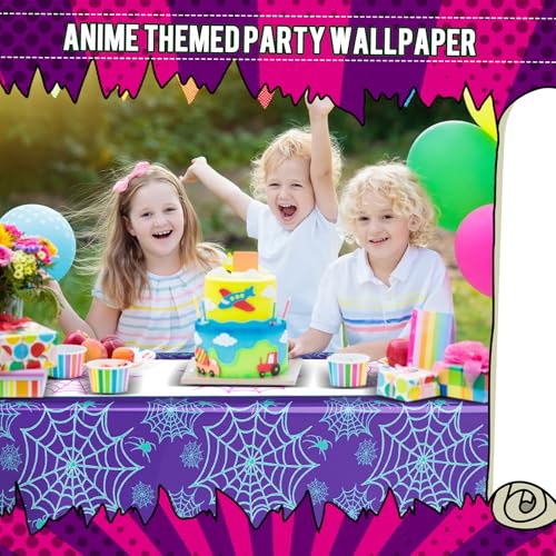 Image of Oudain 3 Pack Spider Theme Birthday Decorations Halloween Purple Black Red Green Pink Web Bat Tablecloth Cartoon Table Cover Party Favor for Birthday(Spider,Web,Purple)