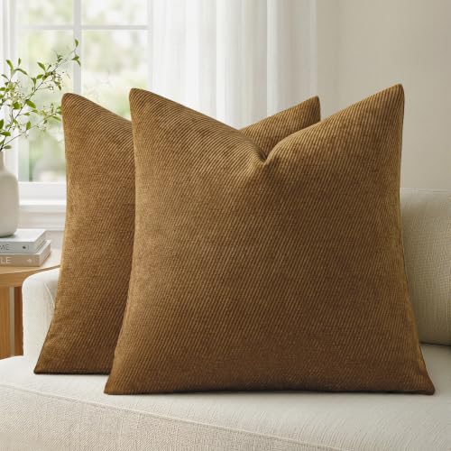 Image of a moment Pack of 2 Decorative Chenille Throw Pillow Covers with Twill Cushion Covers for Sofa Living Room Couch Bed 18x18 Inch Warm Brown