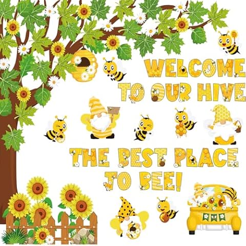 Pajean 104 Pcs Classroom Tree Bulletin Board Set Bee Sunflower Bulletin Boards Decoration Cutouts Spring Summer Tree Bulletin Board Leaves Cutout for Classroom Window Wall Home Office School Decor Cover
