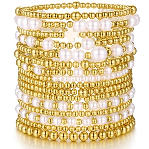 Pls Back 16 PCS Gold Bead Pearl Bracelet for Women, Gold Plated Beaded Strand Bead Ball Bracelets...