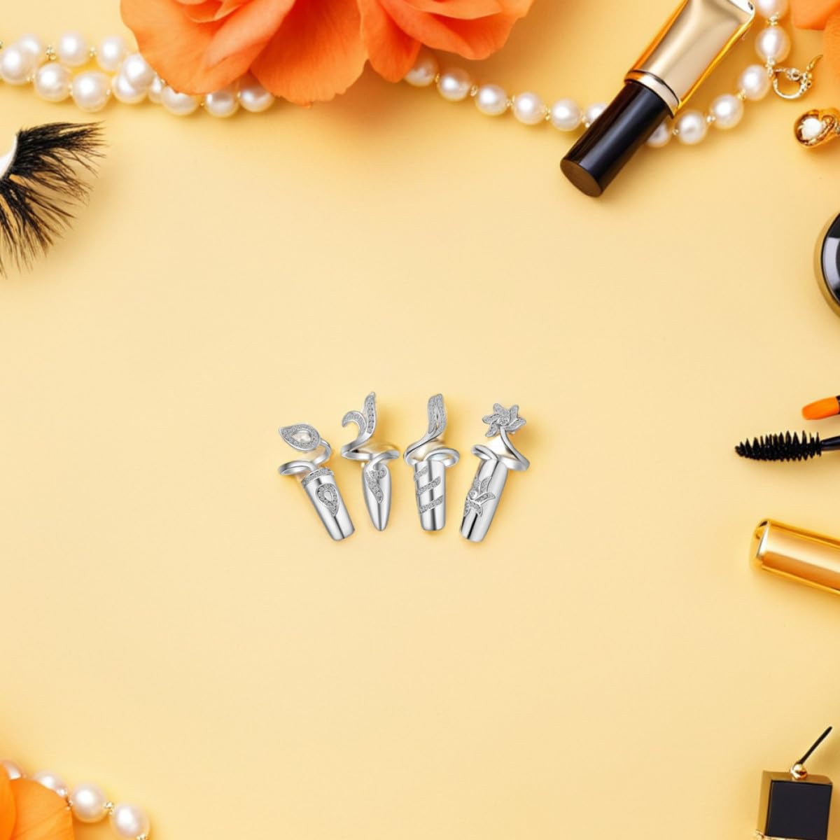 FOMIYES Anello Aperto per Unghie Donna con Pietre Brillanti in Lega 4 Pezzi | Argento, senza Colla, Fissaggio Stabile, per Occasioni Speciali e Feste come Prom e Natale