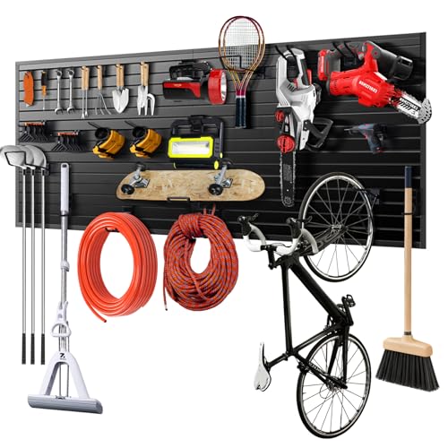 Slat Wall Panels 8×4 ft, Heavy-Duty PVC Garage Slatwall Panel with Trim & Screws, Interlocking Black Wall Panels, Garage Wall Organizer Slat Board PVC Wall Panel for Tools and Sports Equipment Storage