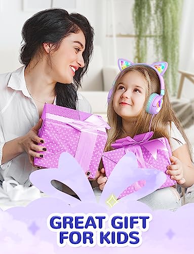 Image of iClever Kids Headphones Cat Ear, LED Light Up, 85dBA Safe Volume, Stereo Sound Children Headphones for Travel School, Foldable 3.5mm Wired Headphone for Girls iPad Tablets, Meow Lollipop-Purple