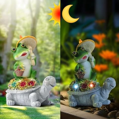 RoofWorld Solar Frog Riding Turtle for Garden Decor ，Outdoor Statues Turtle& Frog with Succulent and LED Lights Ornament,Unique Housewarming Gift,Yard Christmas Decoration and Lucky Birthday Gift Cover