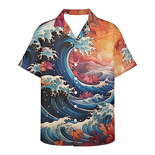 GLUDEAR Men's Paint The Great Wave Off Kanagawa 3D Print Casual Button Down Shirt