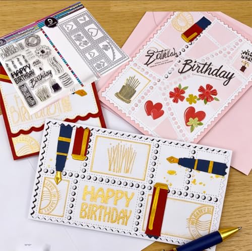 alinacutle 1PC Postage Stamp Rectangle Frame Dies Metal Cutting Die Cut&1PC Happy Birthday Clear Stamps for Greeting Card Making Scrapbooking Album Paper Craft Friend Gifts Art Tempalte