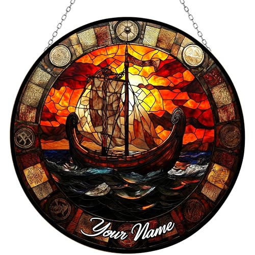 365CUSGIFTS Customized Viking Boat Stained Glass Window Hanging, Suncatcher for Women, Stained Glass Window Decor Perfect Home Décor