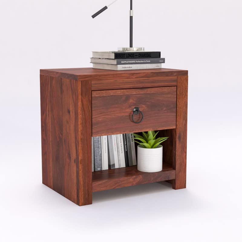 Image of Solid Wood Sheesham End Table with 1 Drawer and 1 Shelf Modern Design - Honey Finish
