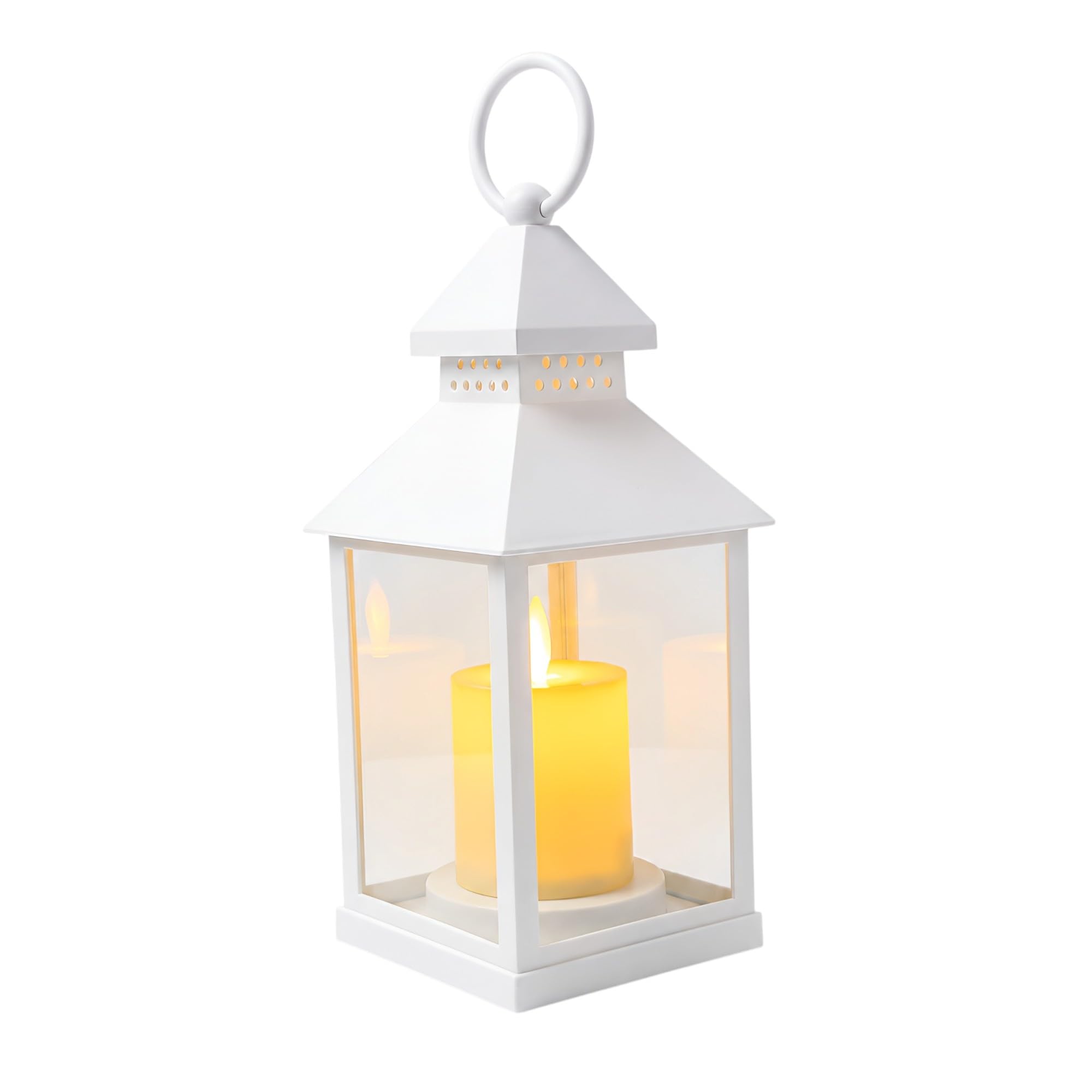 11 Inch Vintage Style Hanging Lantern with LED Flameless Candle, Battery Operated Decorative, Warm Flickering Light, Indoor & Outdoor, White Metal Lantern for Home, Wedding & Festive Decor-image-4