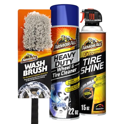 Image of Armor All Wheel and Tire Cleaner and Tire Shine Kit, Heavy Duty Car Wheel Cleaner, Extreme Tire Shine Spray and Wash Brush - 3 Count