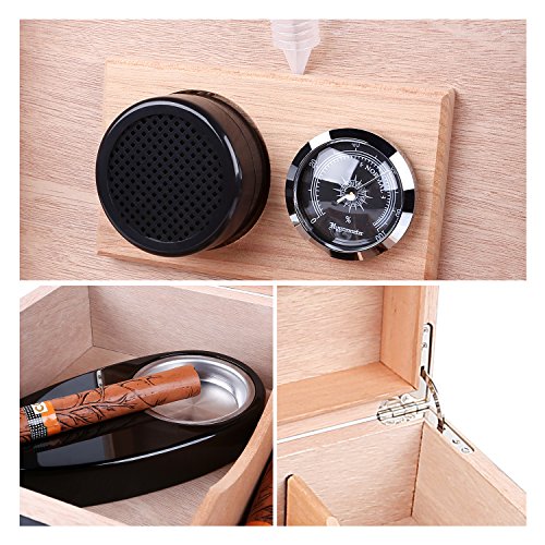 Woodronic Handmade Cigar Humidor Box with Hygrometer Humidifier Cigar Cutter and Ashtray for 30-50 Counts, Polished Piano Black Humidor Set for Men with Spanish Cedar Lining and Tight Seal