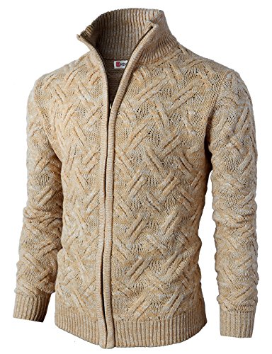 H2H Mens Casual Knitted Cardigan Zip-up with Twisted Pattern - US M (Asia L) - Kmocal0132-beige