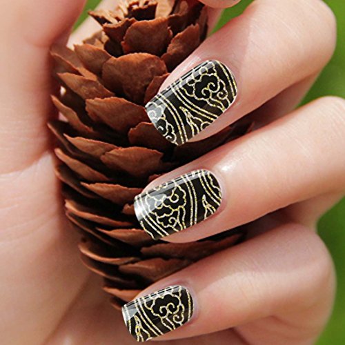BMC Black Wavy Floral Design Gold Glitter Base Nail Art Sticker Wraps Strips