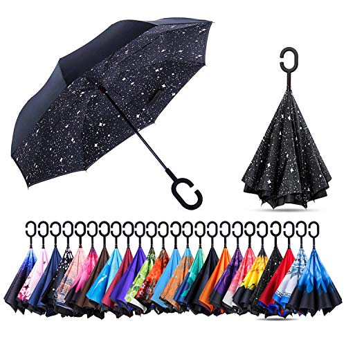 Preisvergleich Produktbild AmaGo Winddichter Umgekehrter Regenschirm UV-Schutz Zweilagiger Umklappbarer Langer Selbststehender Regenschirm mit C-Förmigem Griff für Auto Regen Outdoor Reisen